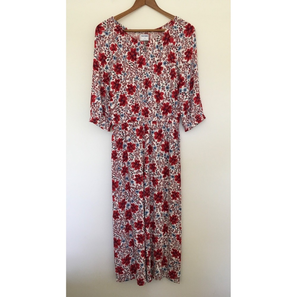 Old Navy Soft Wide Leg Floral  Red Blue White Jumpsuit Girls Sz XXL 3/4 Sleeve